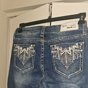 Grace in LA Blue Boot Cut Jeans with White Embroidery